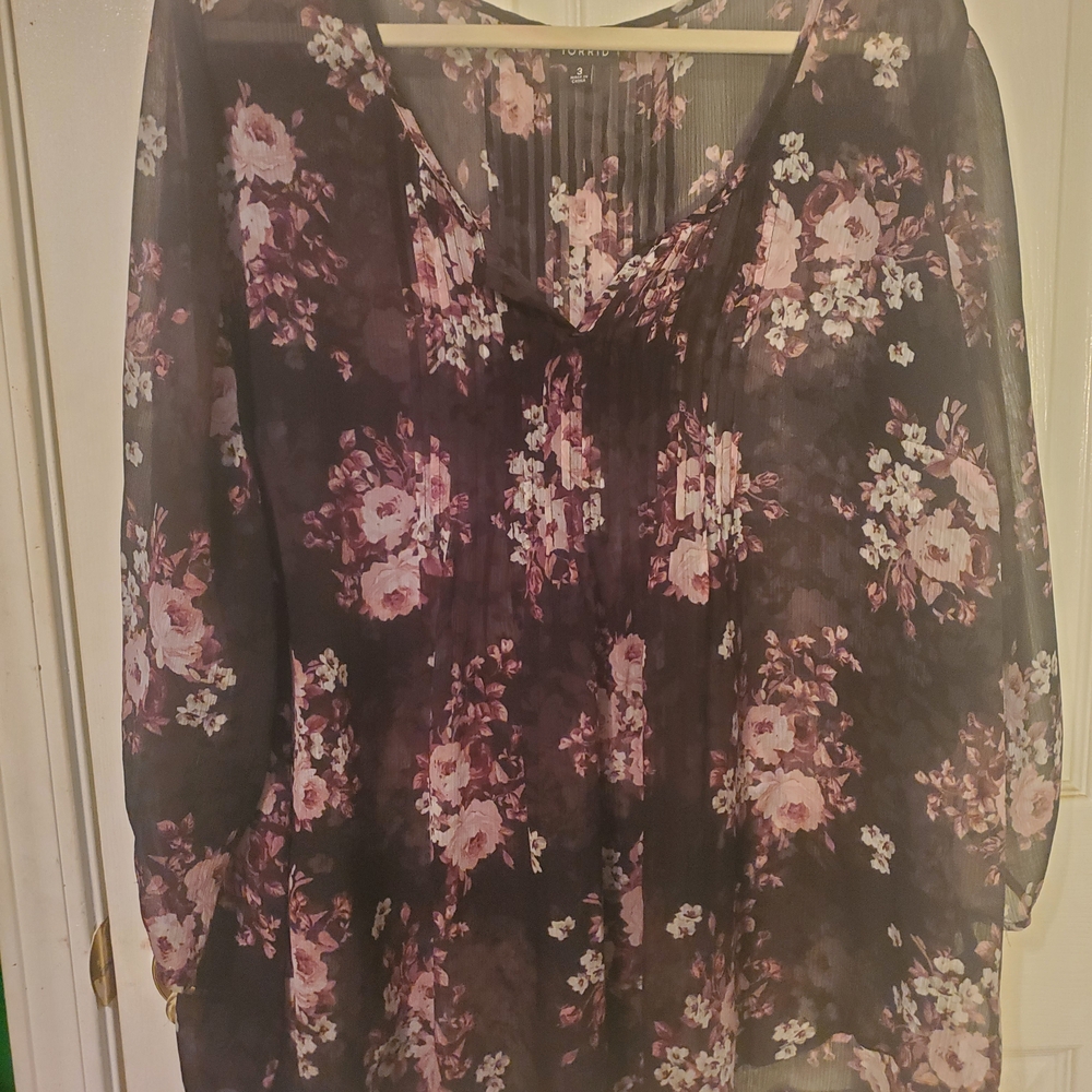 Torrid Size 3 Black and Pink Floral Sheer Blouse